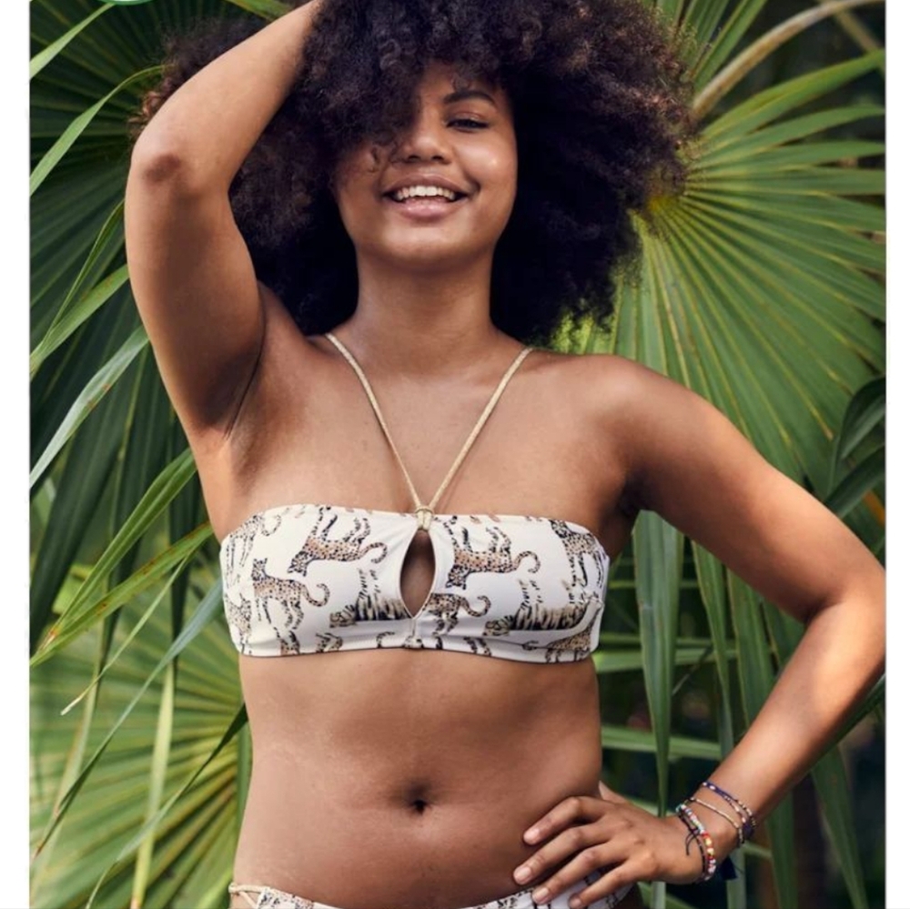 Aerie Bikini Top Sz L | Gold Cheetah Keyhole Halter Bandeau | Animal Print NWT